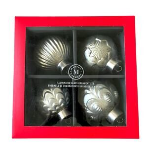 Martha Stewart Light Up Glass Ornaments 4" Silver LED Christmas Holiday Set of 4